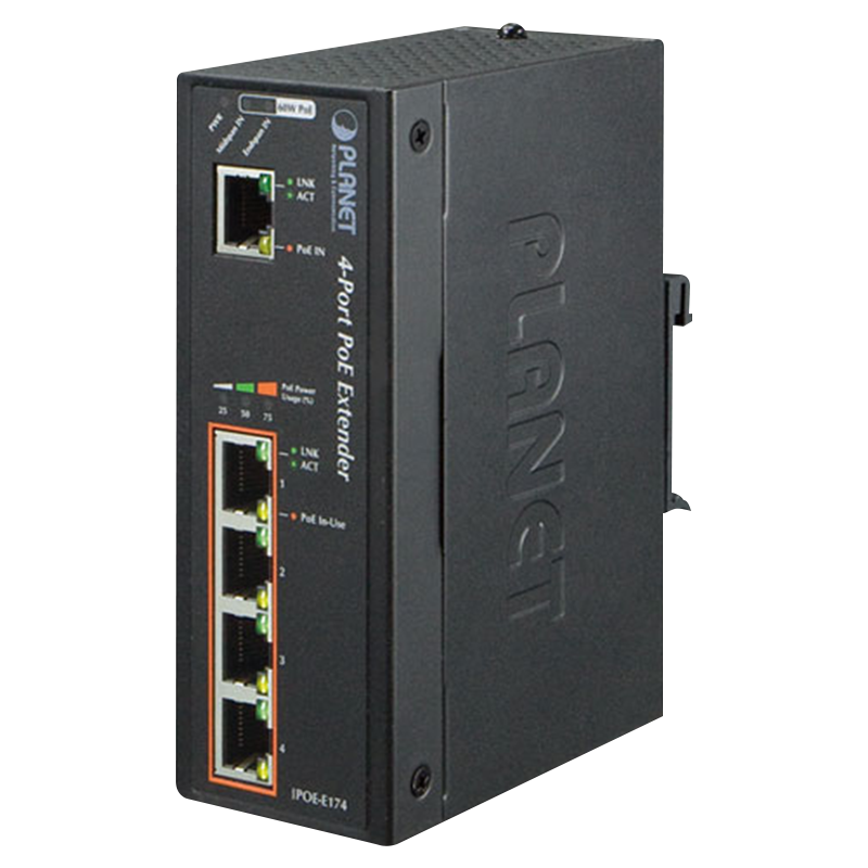 Extensor Gigabit Ultra PoE Industrial PLANET™ de 4 Puertos de Salida (64W) - Carril DIN//PLANET™ Industrial 1-Port Ultra PoE to 4-Port 802.3af/at Gigabit PoE Extender (64W) - DIN Rail