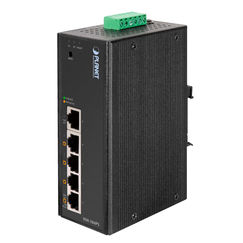 Switch Smart Industrial PoE+ PLANET™ de 5 Puertos (4 PoE) - Carril DIN (120W)//PLANET™ 5-Port 10/100Mbps with 4-Port PoE Industrial Web Smart Ethernet Switch - DIN Rail (120W)