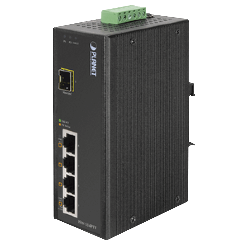 Switch Industrial PoE PLANET™ de 4 Puertos (+1 SFP) - Carril DIN (15W/Puerto) - Capa 2//PLANET™ 4-Port 10/100Mbps with PoE + 1-Port 100FX Industrial Ethernet Switch – Wide Temperature - DIN Rail (15W/Port) - L2