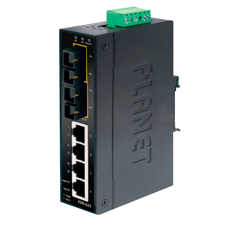Switch Industrial PLANET™ de 4 Puertos (+2 SC MonoModo) - Carril DIN//PLANET™ 4-Port 10/100Base-TX + 2-Port 100Base-FX Industrial Fast Ethernet Switch - DIN Rail