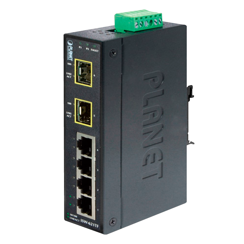Switch Industrial PLANET™ de 4 Puertos (+2 SFP) - Carril DIN//PLANET™ 4-Port 10/100Base-TX + 2-Port 100Base-FX SFP Industrial Ethernet Switch with Wide Operating Temperature - DIN Rail