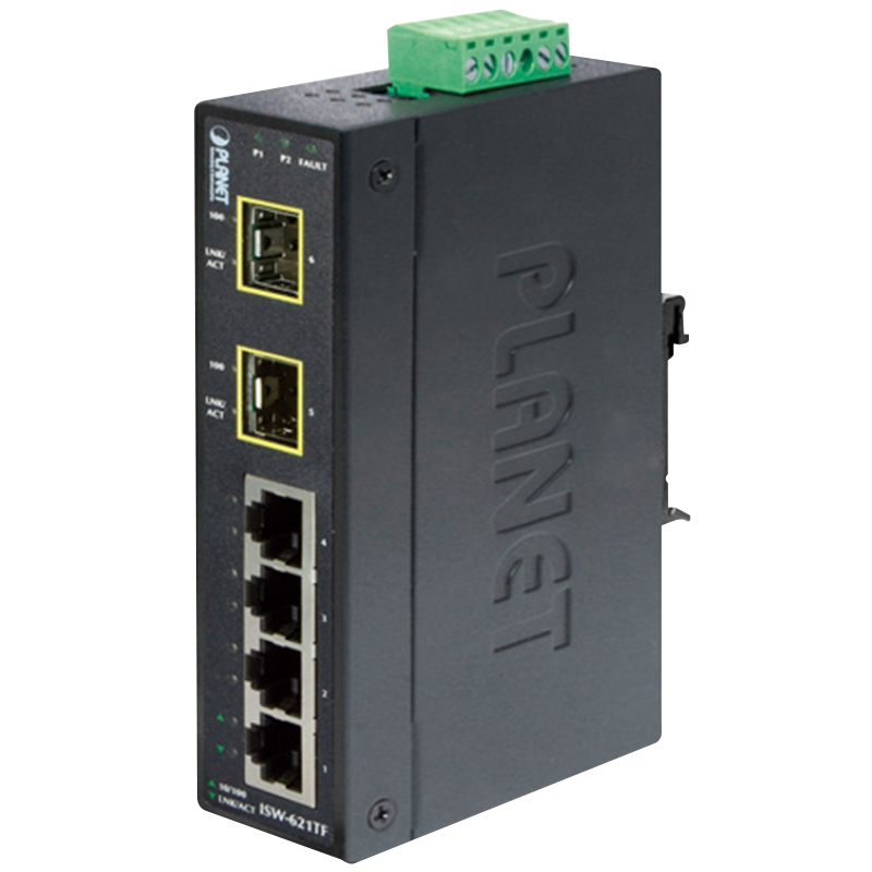 Switch Industrial PLANET™ de 4 Puertos (+2 SC MonoModo) - Carril DIN//PLANET™ 4-Port 10/100Base-TX + 2-Port 100Base-FX Industrial Ethernet Switch with Wide Operating Temperature - DIN Rail