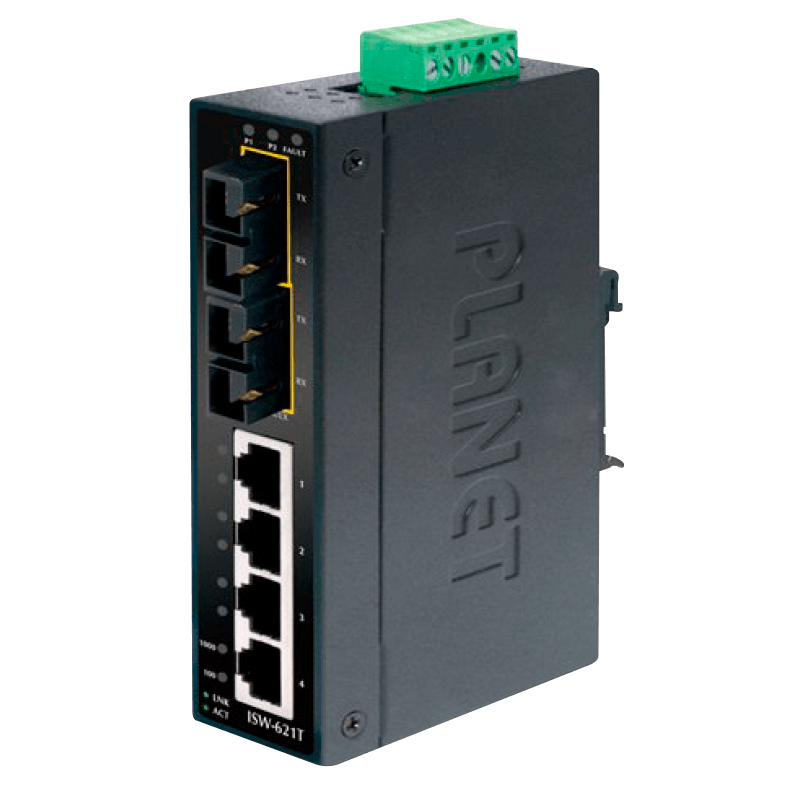 Switch Industrial PLANET™ de 4 Puertos (+2 SC MultiModo) - Carril DIN//PLANET™ 4-Port 10/100Base-TX + 2-Port 100Base-FX Industrial Ethernet Switch with Wide Operating Temperature - DIN Rail