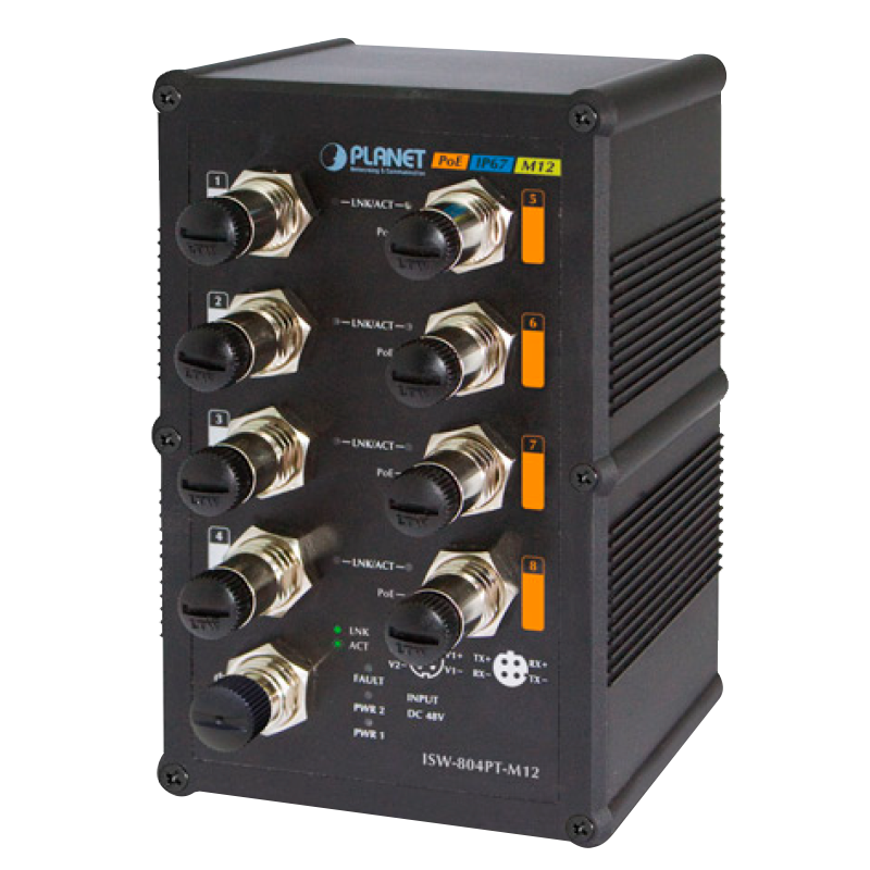 Switch Industrial PoE Fast Ethernet PLANET™ de 8 puertos M12 10/100 Mbps con IP67 y Amplia Temperatura de Funcionamiento - Capa 2 - Carril DIN (60W) //PLANET™ Industrial IP67 Rated 8-Port 10/100Mbps M12 Fast Ethernet PoE Switch with Wide Operating Temperature (Din Rail) - L2 (60W)
