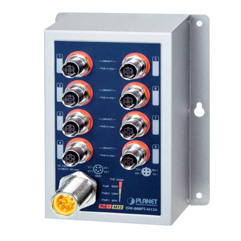 Switch Industrial PoE+ PLANET™ de 8 Puertos M12 802.3at PoE+ - Capa 2 - Carril DIN (180W)//PLANET™ Industrial 8-Port 10/100TX M12 802.3at PoE+ Switch (Din Rail) - L2 (180W)