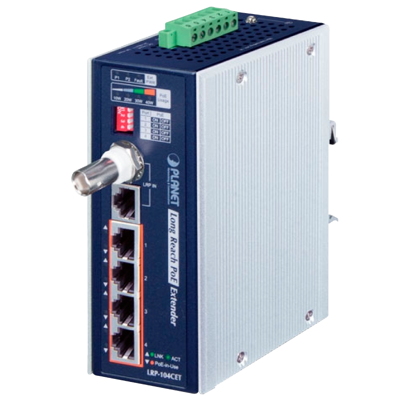 Extensor Industrial PoE+ PLANET™ de 4 Puertos sobre Coaxial de 1-BNC - Carril DIN//PLANET™ Industrial 4-Port 10/100TX PoE + 1-Port Coax Long Reach PoE Extender - DIN Rail