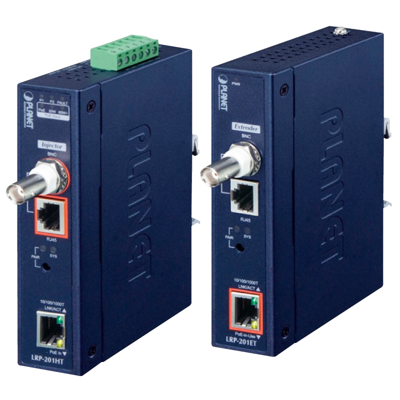 Kit Extensor Industrial Gigabit UltraPoE PLANET™ sobre Coaxial (LRP-201ET + LRP-201HT) - Carril DIN//PLANET™ Industrial 1-Port 10/100/1000T Ultra PoE + 1-Port Coax/UTP Long Reach PoE Kit (LRP-201ET + LRP-201HT) - DIN Rail