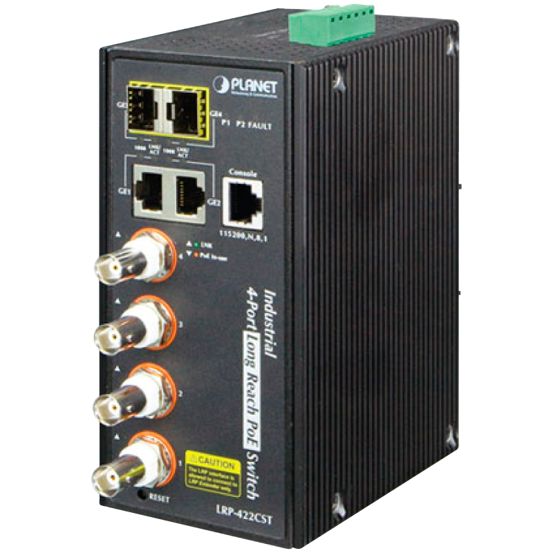 Switch-Extensor Industrial Gigabit UltraPoE PLANET™ de 2 Puertos sobre Coaxial de 4-BNC (+2 SFP) - Carril DIN (Capa 2)//PLANET™ Industrial 4-port Coax + 2-port 10/100/1000T + 2-port 100/1000X SFP Long Reach PoE over Coaxial Managed Switch - DIN Rail (L2)