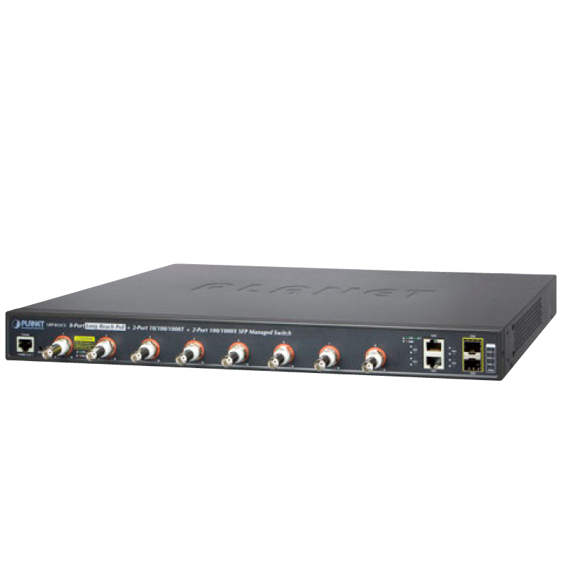 Switch/Extensor Gigabit PoE PLANET™ de Largo Alcance de 2 Puertos (+2 SFP) con 8-BNC - Capa 2//PLANET™ 8-port Long Reach PoE + 2-port 10/100/1000T + 2-port 100/1000X SFP Managed Switch - L2