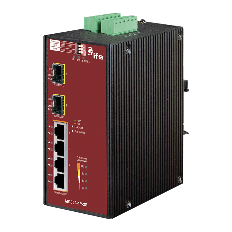 Conversor Industrial UTC™ IFS® de 4 Puertos Gigabit Ethernet PoE+ a Fibra (2 x SFP) - Carril DIN//UTC™ IFS® 4-Port (+2 SFP) Industrial PoE+ Non-Manageable Gigabit Ethernet Media Converter - DIN Rail