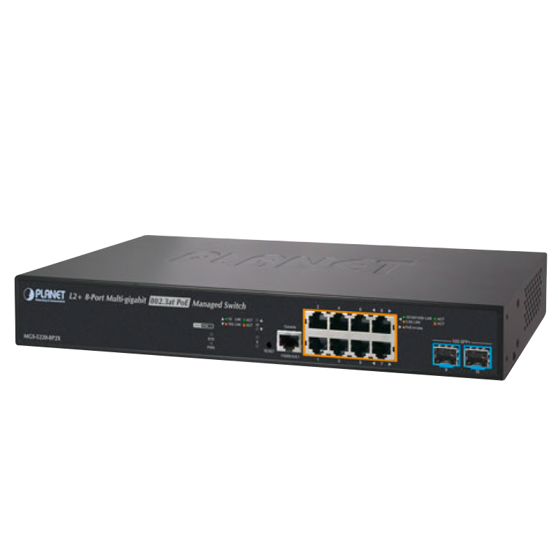 Switch Gigabit Gestionable PoE+ PLANET™ de 8 Puertos 2.5G PoE+ & 2 Puertos 1G/10G SFP+ - L2+ con Enrutado Estático L3 (240W)//PLANET™ 8-Port 2.5G PoE+ & 2-Port 1G/10G SFP+ Managed Multigigabit Switch - L2+ with L3 Static Routing (240W)