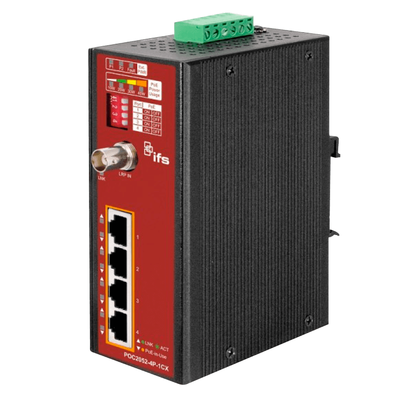 Conversor/Switch Industrial UTC™ IFS® de 4 Puertos PoE+ Ethernet a 1 Puerto Coaxial - 240W//UTC™ IFS® PoE+ 4-Port Ethernet to Coax Industrial Media Converter - 240W