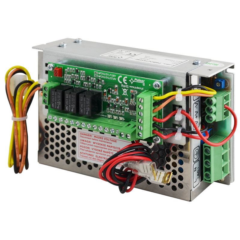 Fuente PULSAR® con Respaldo en Caja de Rejilla 13.8VDC/5Amp/OC con Conectores Cableados//PULSAR® Buffered PSU in 13,8V / 5A / OC Grid Box with Wired Connectors