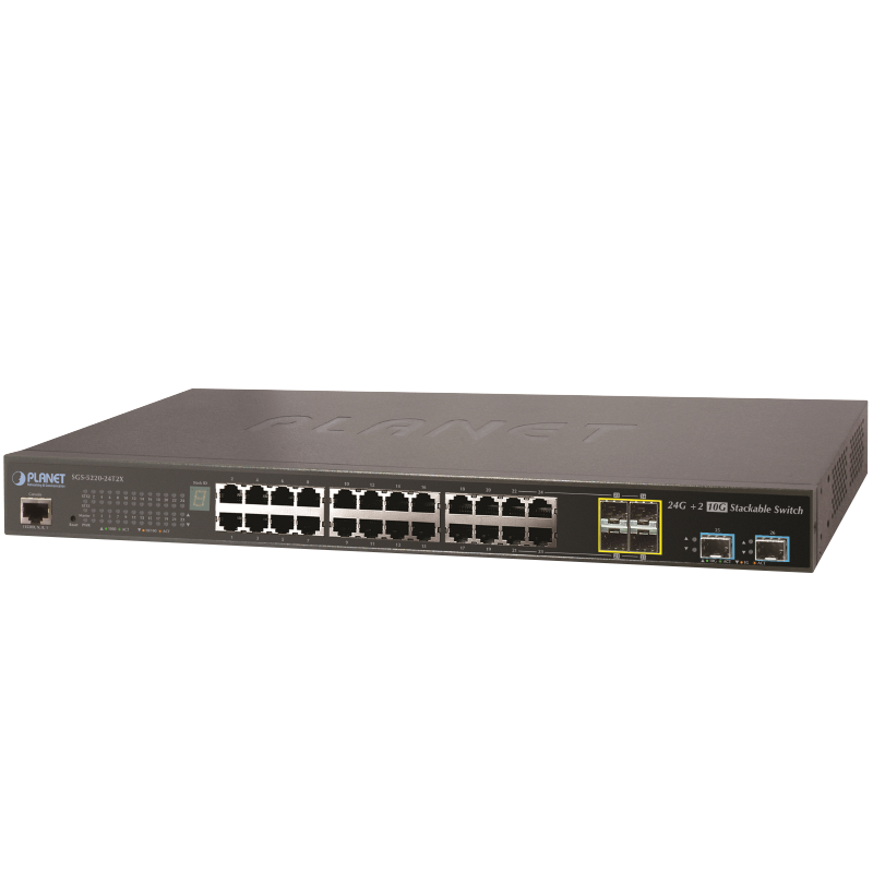 Switch Gestionable PLANET™ de 24 Puertos + 4 SFP Compartidos + 2 10G SFP+ - L2+ (con Enrutado Estático L3)//PLANET™ 24-Port + 4-Port Shared SFP + 2-Port 10G SFP+ Managed Stackable Switch - L2+ (L3 Static Routing)