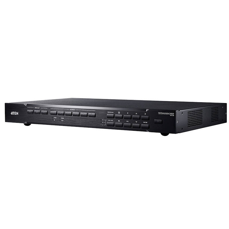 Switch de Presentación ATEN™ 7 x 3 con escalador de vídeo, streaming, mezclador de audio y HDBaseT//ATEN™ 7 x 3 Seamless Presentation Matrix Switch with Scaler, Streaming, Audio Mixer, and HDBaseT