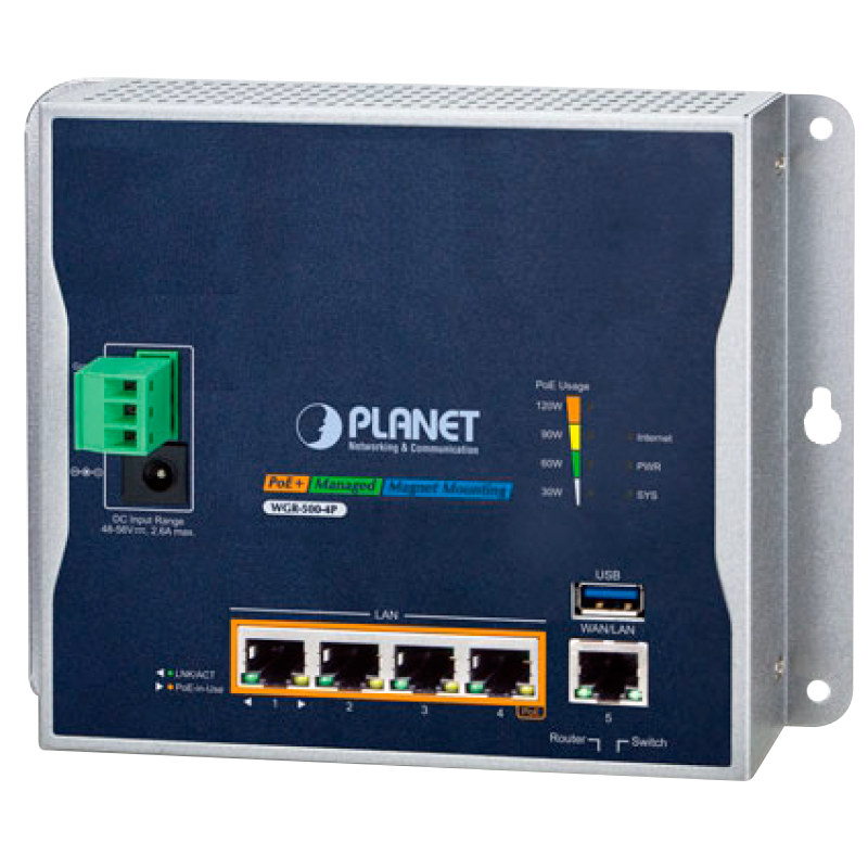 Router Industrial Gigabit PLANET™ de Montaje en Pared con 4 Puertos 802.3at PoE+ - Capa 2 (120W)//PLANET™ Industrial Wall-Mount Gigabit Router with 4-Port 802.3at PoE+ - L2 (120W)