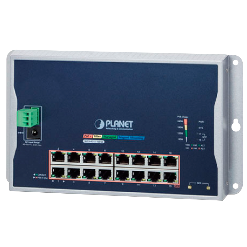 Switch Industrial Gestionable PLANET™ de Montaje en Pared de 16 Puertos 802.3at PoE+ (+2 SPF) Capa 2 - Carril DIN (240W) //PLANET™ Industrial 16-Port 10/100/1000T 802.3at PoE + 2-Port 100/1000X SFP Wall-Mounted Managed Switch (Din Rail) - L2 (240W)