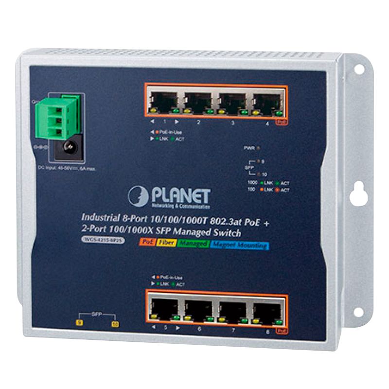 Switch Industrial Gestionable PLANET™ de Montaje en Pared de 8 Puertos 802.3at PoE+ (+2 SFP) Capa 2 - Carril DIN (200W) //PLANET™ Industrial 8-Port 10/100/1000T 802.3at PoE + 2-Port 100/1000X SFP Wall-Mount Managed Switch (Din Rail) - L2 (200W)