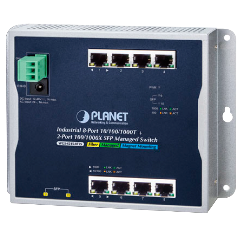 Switch Gestionable Industrial PLANET™ de Montaje en Pared de 8 puertos 10/100/1000T (+2 SFP) - Capa 2//PLANET™ Industrial 8-Port 10/100/1000T (+2 SFP) Wall-Mount Managed Switch (Din Rail) - L2