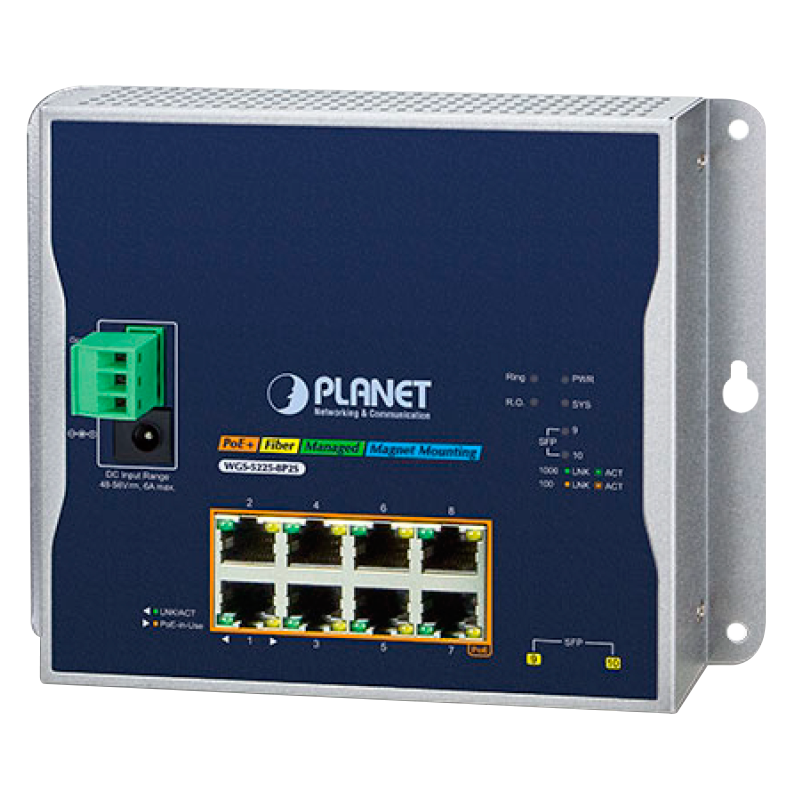 Switch Industrial PLANET™ de 8 puertos 10/100/1000T 802.3at PoE+ + 2 puertos 1G / 2.5G SFP - Capa 2+/4 - Carril DIN (240W)//PLANET™ Industrial 8-port 10/100/1000T 802.3at PoE + 2-port 1G/2.5G SFP Wall-Mount Managed Switch (Din Rail) - L2+/L4 (240W)