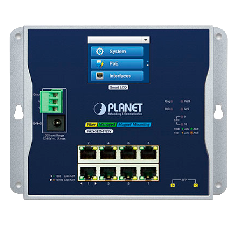 Switch Gestionable Industrial PLANET™ de Montaje en Pared de 8 puertos 10/100/1000T (+2 SFP) con Pantalla Táctil LCD - Capa 2+/4//PLANET™ Industrial 8-port 10/100/1000T (+2 SFP) Wall-Mount Managed Switch with LCD Touch Screen (Din Rail) - L2+/L4