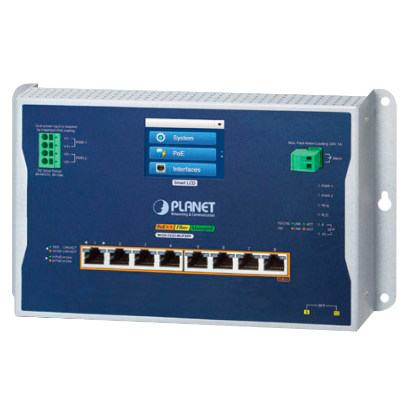 Switch Industrial Gestionable PLANET™ de Montaje en Pared con Pantalla Táctil LCD de 8 x 10/100/1000T 802.3bt PoE+ y 2 x 1G/2.5G SFP - Capa L2+/L2 - Carril Din (720W)//PLANET™ Industrial L2+ 8-Port 10/100/1000T 802.3bt PoE + 2-Port 1G/2.5G SFP Wall-mount Managed Switch with LCD Touch Screen - L2+/L2 (720W)
