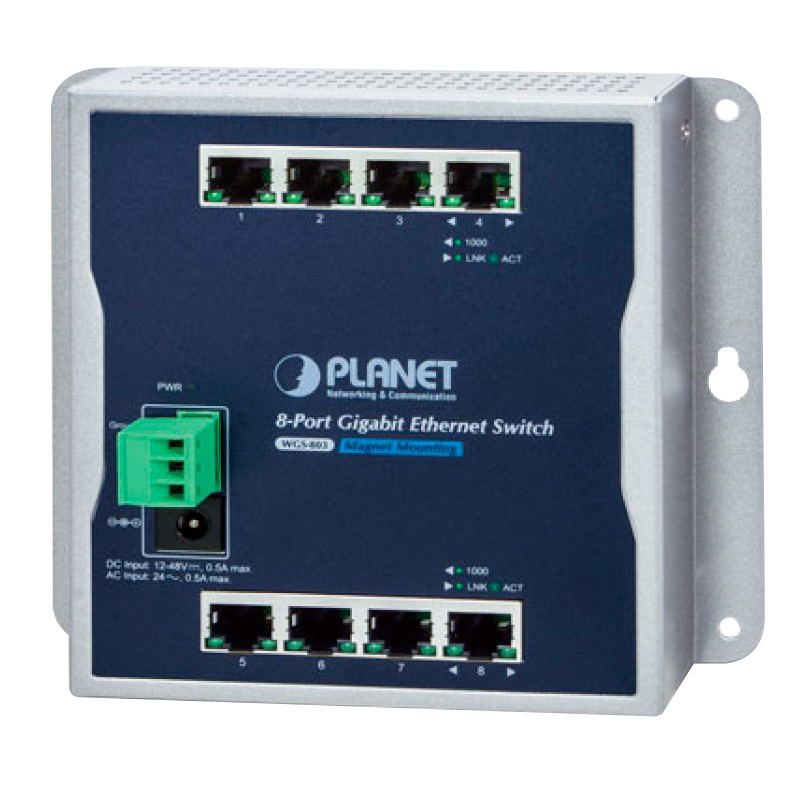 Switch Industrial PLANET™ de Montaje en Pared de 8 puertos 10/100/1000T - Capa 2//PLANET™ Industrial 8-Port 10/100/1000T Wall-Mount Switch - L2