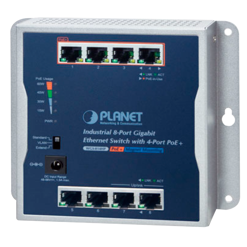 Switch Gigabit Industrial de Montaje en Pared de 8 puertos 10/100/1000T con PoE+ de 4 puertos - Capa 2 - Carril DIN (60W)//PLANET™ Industrial 8-Port 10/100/1000T Wall-Mounted Gigabit Switch with 4-port PoE+ (Din Rail) - L2 (60W)