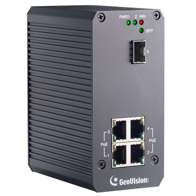 Switch Gigabit Industrial GEOVISION™ de 4 Puertos  PSE/PoE+ (+2 Uplink) GV-POE0410-E para 4 Cámaras IP - 130W//GEOVISION™ 4-Port Gigabit Industrial Switch PSE/PoE+ (+2 Uplink) GV-POE0410-E for 4 IP Cameras - 130W