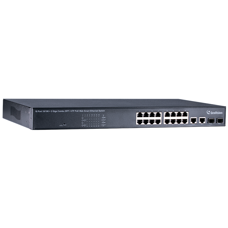 Switch Fast Ethernet Gestionable PoE+ GEOVISION™ GV-POE1601 de 16 Puertos PoE+ (+2TP/SPF Combo) - 250W//Fast Ethernet Managed PoE+ GEOVISION™ GV-POE1601 16-Port PoE+ (+2TP/SPF Combo) Switch - 250W
