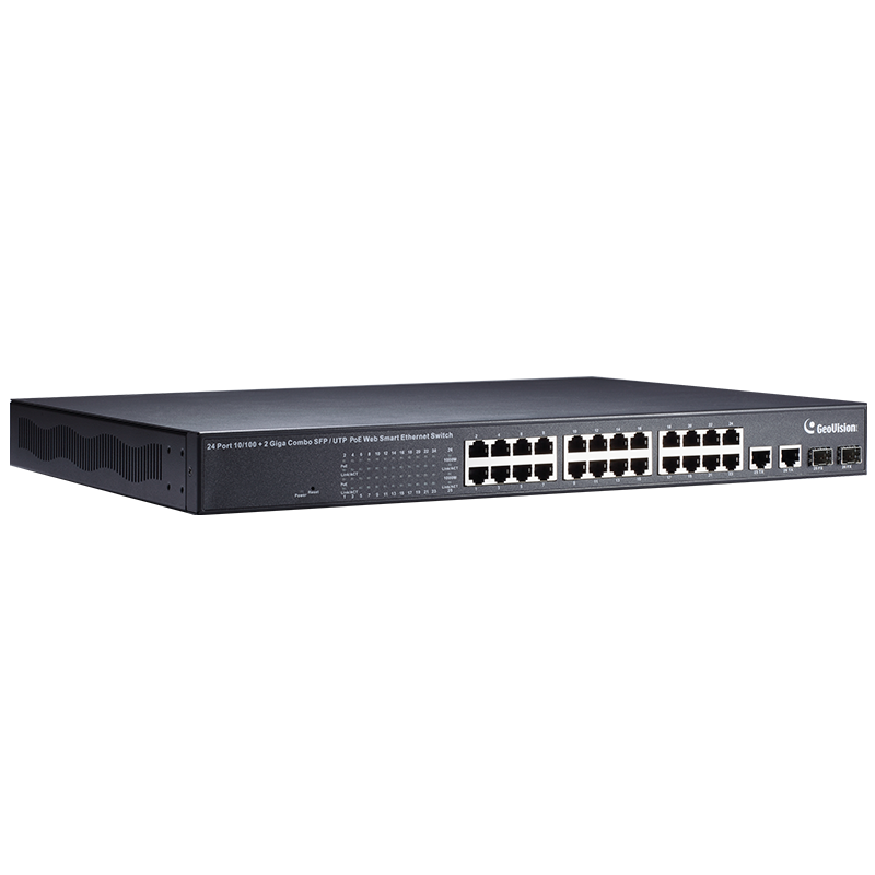 Switch Fast Ethernet Gestionable PoE+ GEOVISION™ GV-POE2401 de 24 Puertos PoE+ (+2TP/SPF Combo) - 400W//Fast Ethernet Managed PoE+ GEOVISION™ GV-POE2401 24-Port PoE+ (+2TP/SPF Combo) Switch - 400W