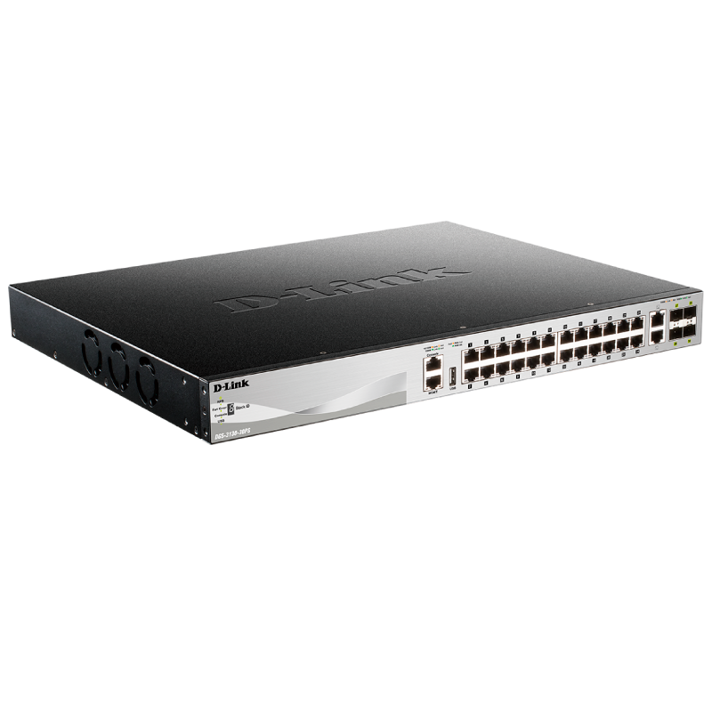 Switch D-Link® Gigabit PoE+ de 24 Puertos Ethernet (+2 TP, +4 SFP+ 10G) Apilable - L3 (370W)//D-Link® Gigabit Ethernet 24-PoE+ Ports (+2 TP, +4 SFP+ 10G) Stackable Switch - Layer 3 (370W)