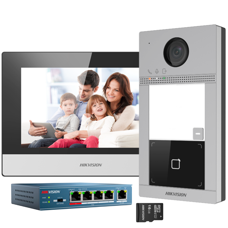 Kit Video-Interfono IP HIKVISION™ de 1 Pulsador (Incluye Switch)//HIKVISION™ 1-Button IP Video Intercom Kit (Includes Switch)