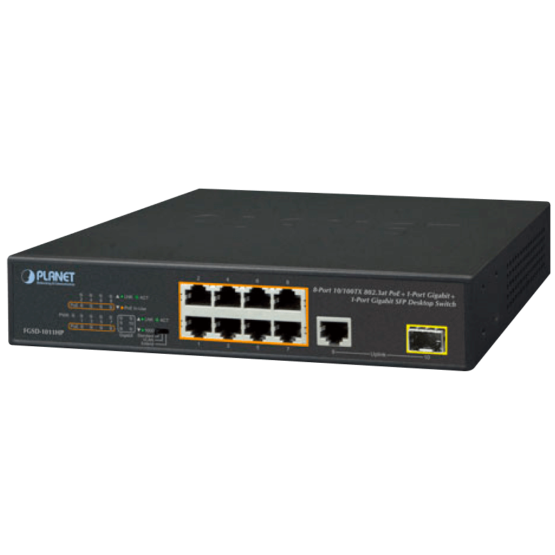 Switch PoE+ PLANET™ de 8+1 Puertos (+ 1 SPF) - 120W//PLANET™ 8-Port 10/100TX 802.3at PoE + 1-Port 10/100/1000T + 1-Port 100/1000X SFP Desktop Switch - 120W