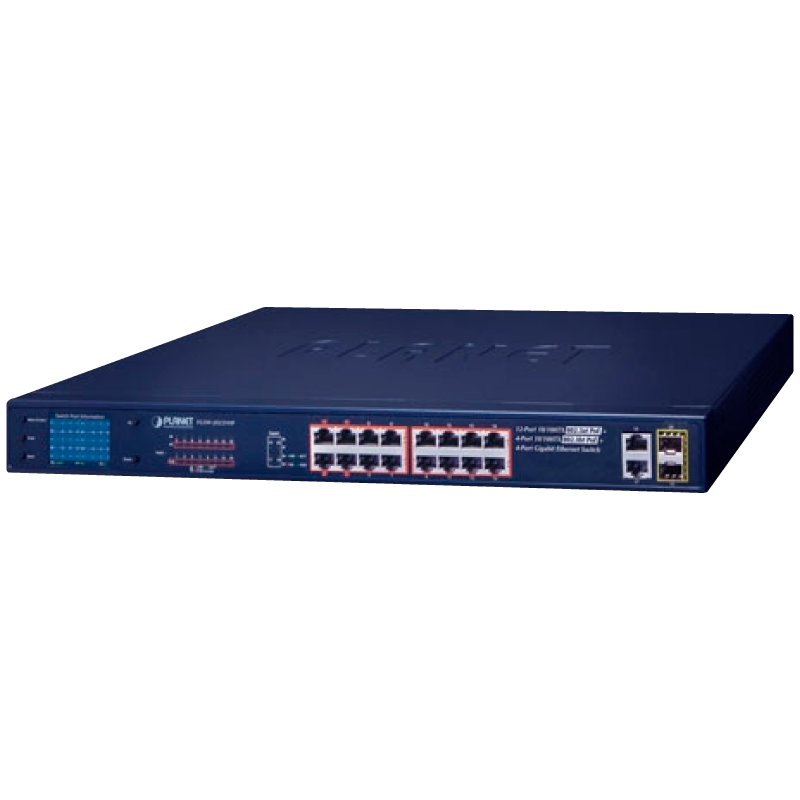 Switch PoE+ PLANET™ de 12 PoE+, 4 UltraPoE (+2 TP y +2 SFP) con LCD - 300W//PLANET™ 12-Port 10/100TX 802.3at PoE + 4-Port 10/100TX 802.3bt PoE + 2-Port Gigabit TP + 2-Port SFP Ethernet Switch with LCD Management - 300W