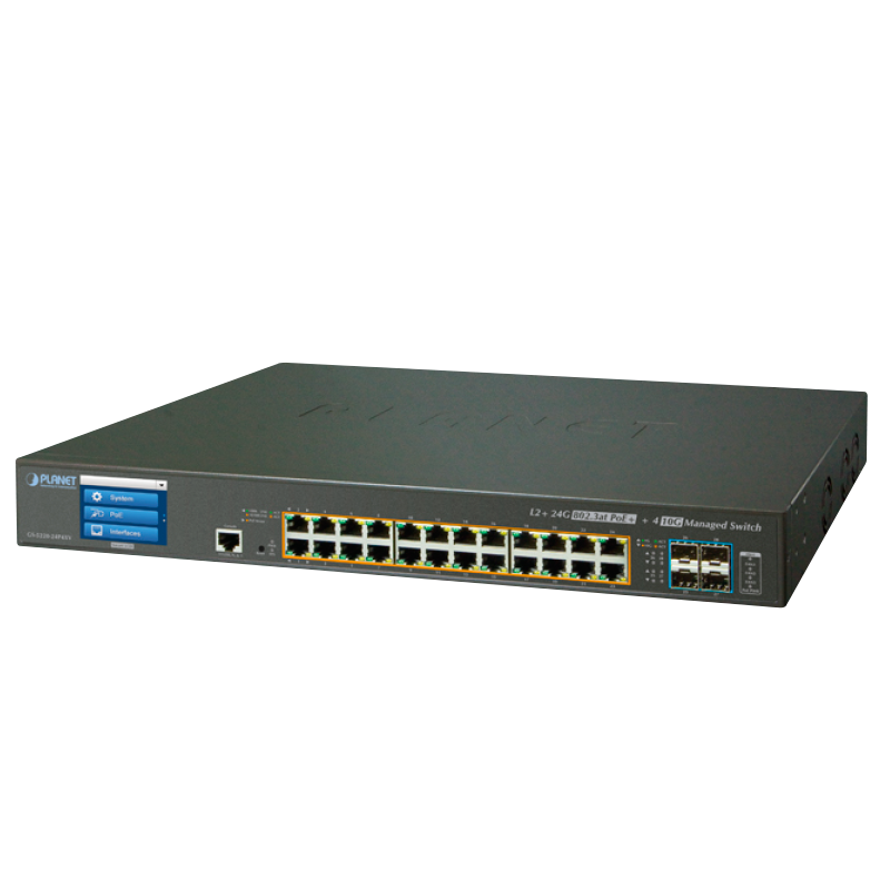 Switch Gestionable PLANET™ 24 Puertos PoE+ & 4 Puertos 10G SFP+ con Pantalla Táctil LCD - L2+ con Enrutado Estático L3 (400W)//PLANET™ 24-Port PoE+ & 4-Port 10G SFP+ Managed Switch with LCD Touch Screen - L2+ with L3 Static Routing (400W)