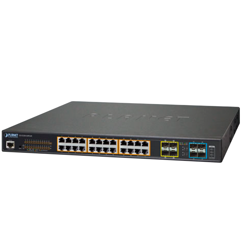 Switch Gestionable PLANET™ 24 Puertos PoE+ & 4 Puertos 10G SFP+ - L2+ con Enrutado Estático L3 (600W)//PLANET™ 24-Port PoE+ & 4-Port 10G SFP+ Managed Switch - L2+ with L3 Static Routing (600W)