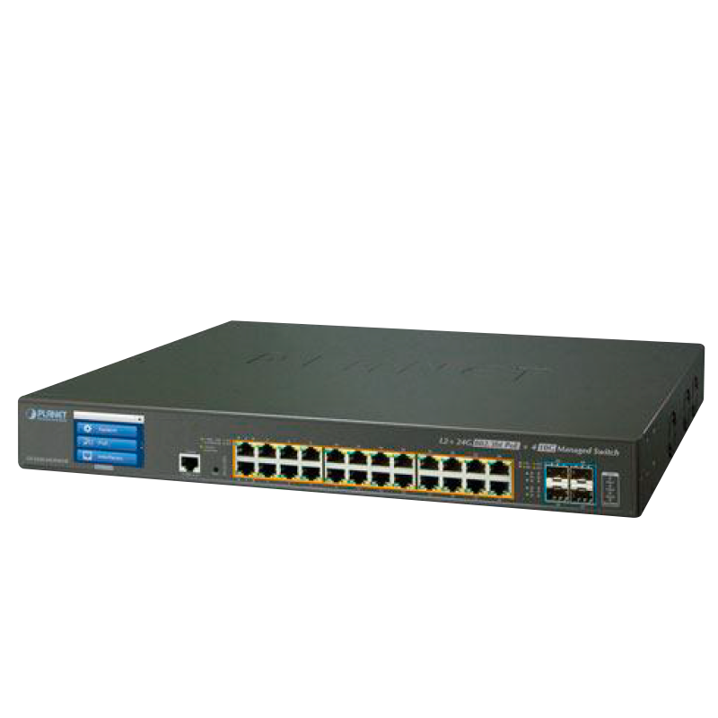Switch Gestionable PLANET™ 24 Puertos Ultra PoE + 4 Puertos 10G SFP+ con Pantalla Táctil LCD - L2+ con Enrutado Estático L3 (400W)//PLANET™ 24-Port Ultra PoE + 4-Port 10G SFP+ Managed Switch with LCD Touch Screen - L2+ with L3 Static Routing (400W)