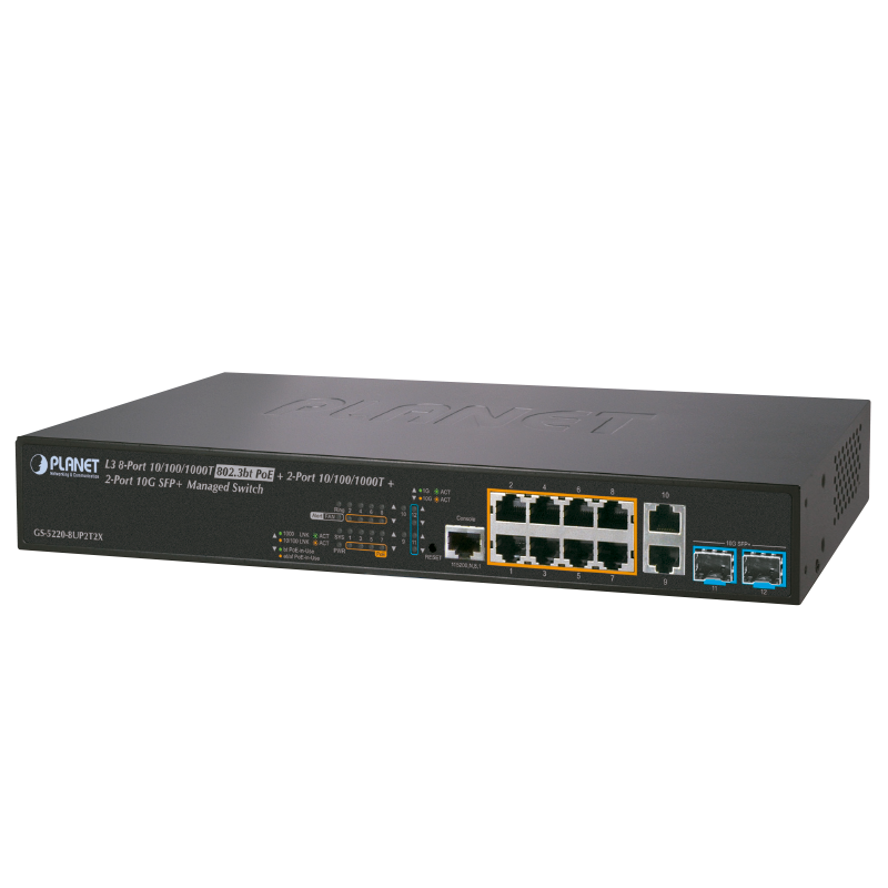 Switch Gestionable PLANET™ de 8 Puertos 802.3bt UltraPoE + 2 Puertos + 2 Puertos 10G SFP+ - L3 (240W)//PLANET™ 8-Port 802.3bt UltraPoE + 2-Port + 2-Port 10G SFP+ Managed Switch - L3 (240W)