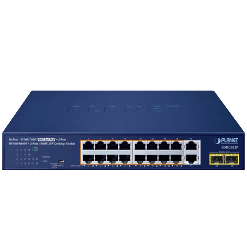 Switch Gigabit PLANET™ de 16 Puertos PoE+ (+2 TP, +2 SFP) - 185W//PLANET™ 16-Port 10/100/1000T 802.3at PoE + 2-Port 10/100/1000T + 2-Port 1000X SFP Desktop Switch - 185W