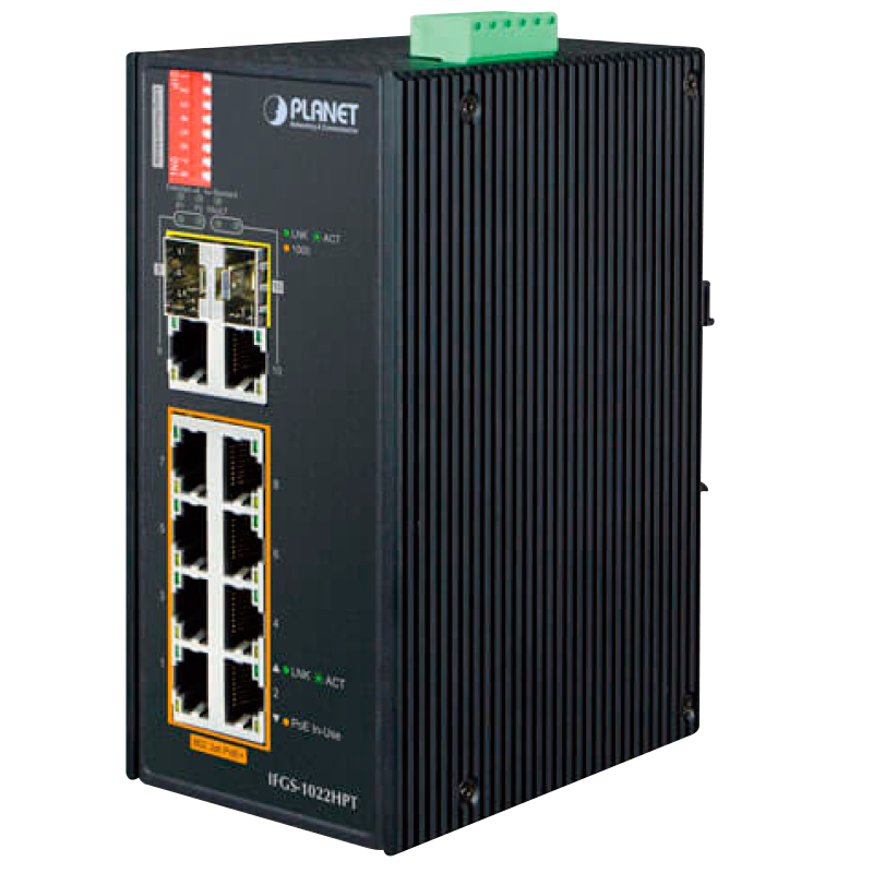 Switch Industrial PLANET™ de 8 Puertos 10/100TX PoE+ & 2 Puertos Combo Gigabit TP/SFP (240W)//PLANET™ Industrial 8-Port 10/100TX PoE+ & 2-Port Gigabit TP/SFP Combo Ethernet Switch (240W)