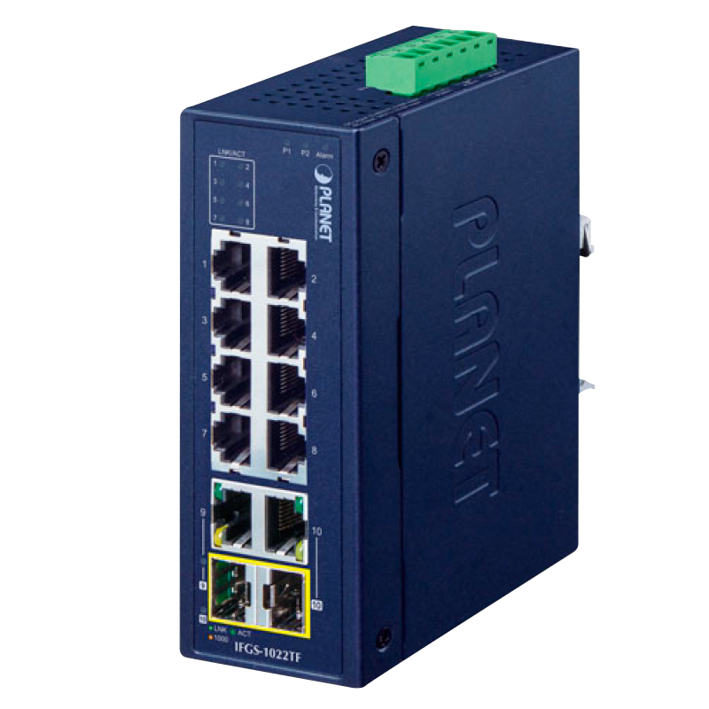 Switch Ethernet Industrial Combinado PLANET™ de 8 x 10/100TX + 2 Puertos Gigabit TP/SFP//PLANET™ Industrial 8-Port 10/100TX + 2-Port Gigabit TP/SFP Combo Ethernet Switch