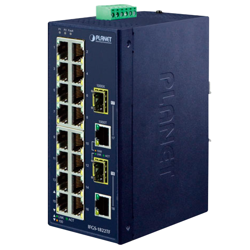 Switch Fast Ethernet Industrial PLANET™ de 16 Puertos 10/100TX + 2-Puertos Combo Gigabit TP/SFP//PLANET™ Industrial 16-Port 10/100TX + 2-Port Gigabit TP/SFP Combo Ethernet Switch