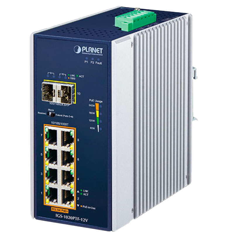 Switch Ethernet Industrial PLANET™ de 8 puertos 10/100/ 1000T 802.3at PoE+ 2 puertos 100/1000X SFP con Amplificador de 12V - Carril DIN (240W)//PLANET™ Industrial 8-Port 10/100/1000T 802.3at PoE + 2-Port 100/1000X SFP Ethernet Din Rail Switch w/ 12V Booster - (240W)