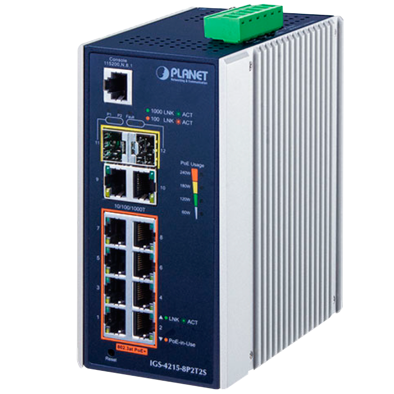 Switch Industrial Gestionable PLANET™ de 8 Puertos 802.3at PoE+ + 2 Puertos  10/100/1000T + (+2 SFP) - Capa 2 - Carril DIN (240W)//PLANET™  Industrial 8-Port 10/100/1000T 802.3at PoE + 2-Port 10/100/1000T + 2-Port 100/1000X SFP Managed Switch (Din Rail) - L2 (240W)