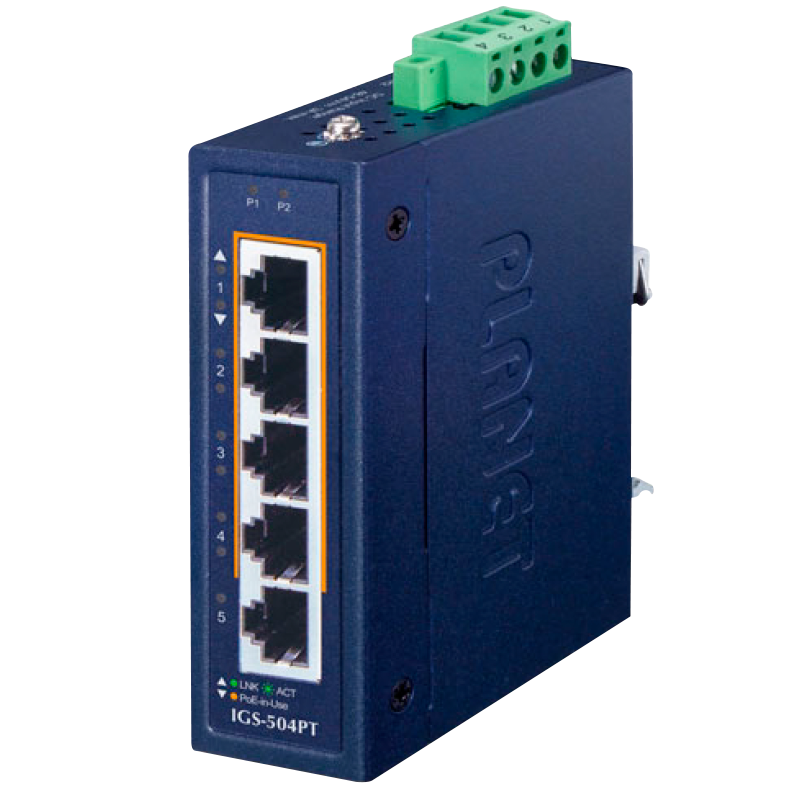 Switch Ethernet industrial Compacto PLANET™ de 4 x 10/100/1000T 802.3at PoE+ y 1 x 10/100/1000T - Carril Din (120W) - Capa 2//PLANET™ Compact Industrial 4-Port 10/100/1000T 802.3at PoE + 1-Port 10/100/1000T Ethernet Switch