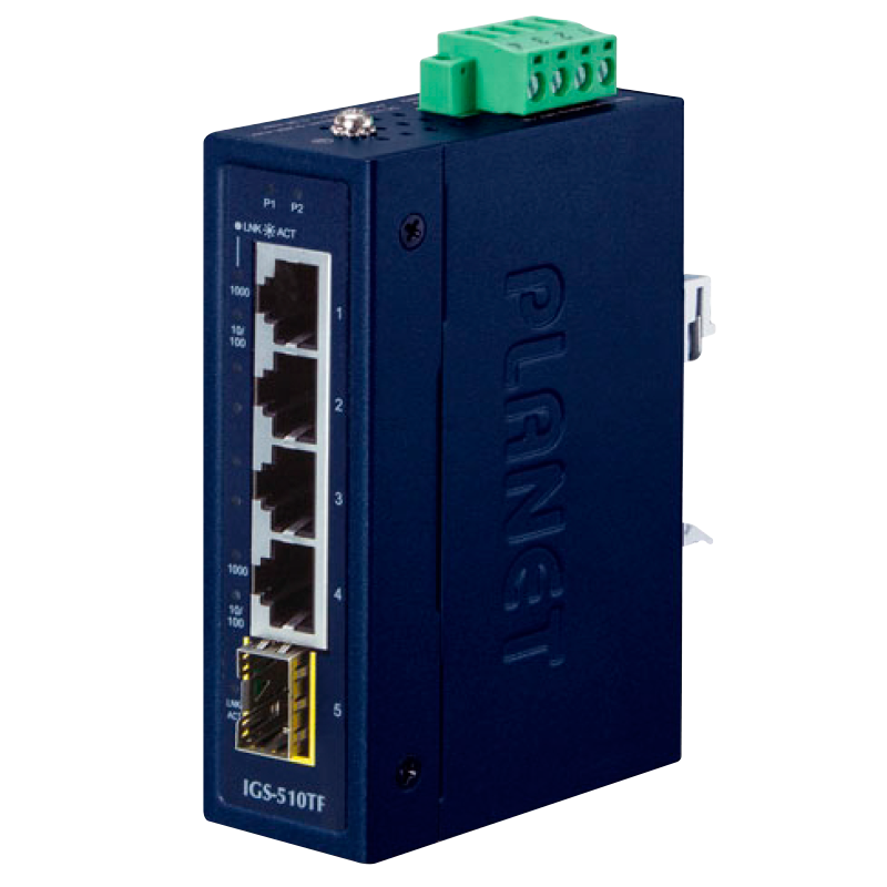 Switch Gigabit Compacto Industrial PLANET™ de 4 Puertos 10/100/1000T + 1 Puerto 100/1000X SFP//PLANET™ Industrial Compact 4-Port 10/100/1000T + 1-Port 100/1000X SFP Gigabit Ethernet Switch