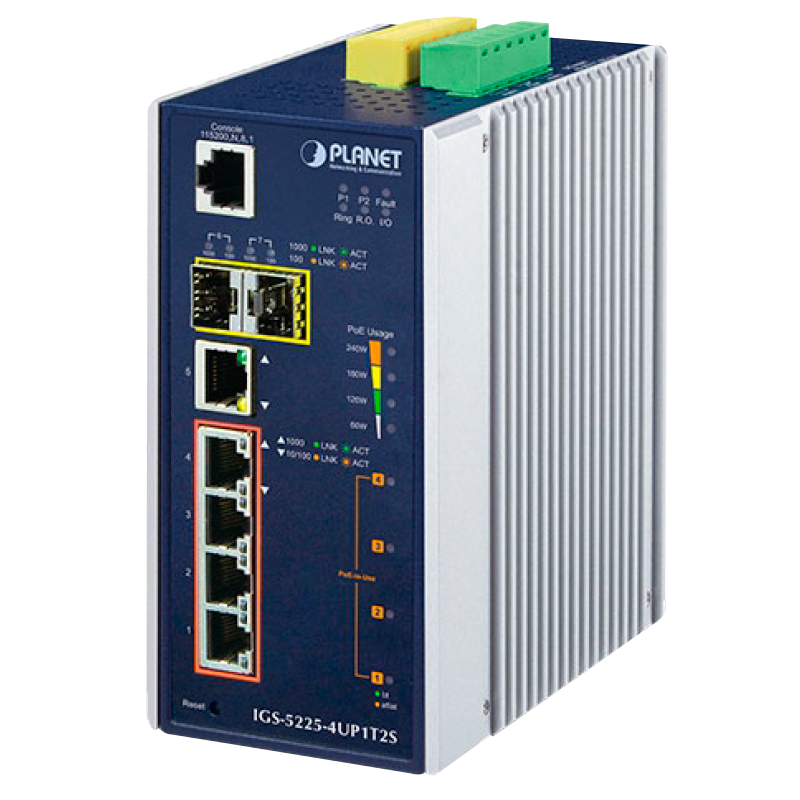 Switch Industrial Gestionable PLANET™ de 4 Puertos 802.3bt PoE + 1 Puerto 10/100/1000T (+2 SFP) - Capa 2+ - Carril DIN (240W)//PLANET™ Industrial 4-Port 10/100/1000T 802.3bt PoE + 1-Port 10/100/1000T + 2-Port 100/1000X SFP Managed Switch (Din Rail) - L2+ (240W)