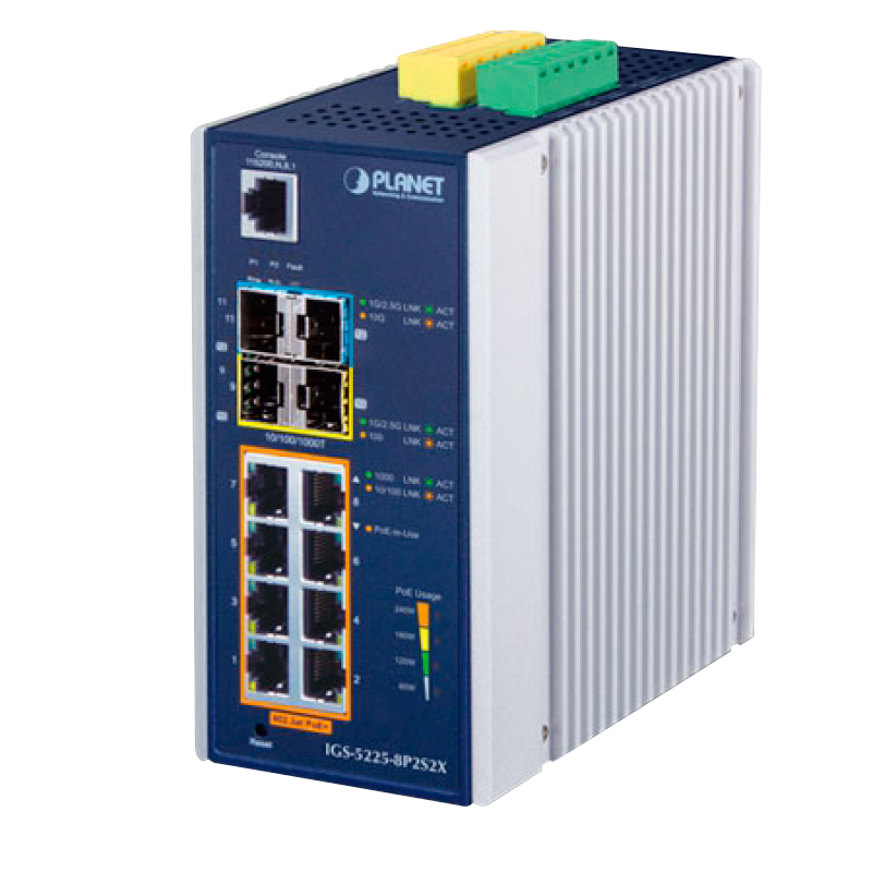 Switch Industrial Gestionable PLANET™ de 8 Puertos 802.3at PoE (+2 SFP y 2 10G SFP+) Carril Din - L3 (240W)//PLANET™ Industrial 8-Port 10/100/1000T 802.3at PoE (+2 SFP & 2 10G SFP+) Managed Switch (Din Rail) - L3 (240W)