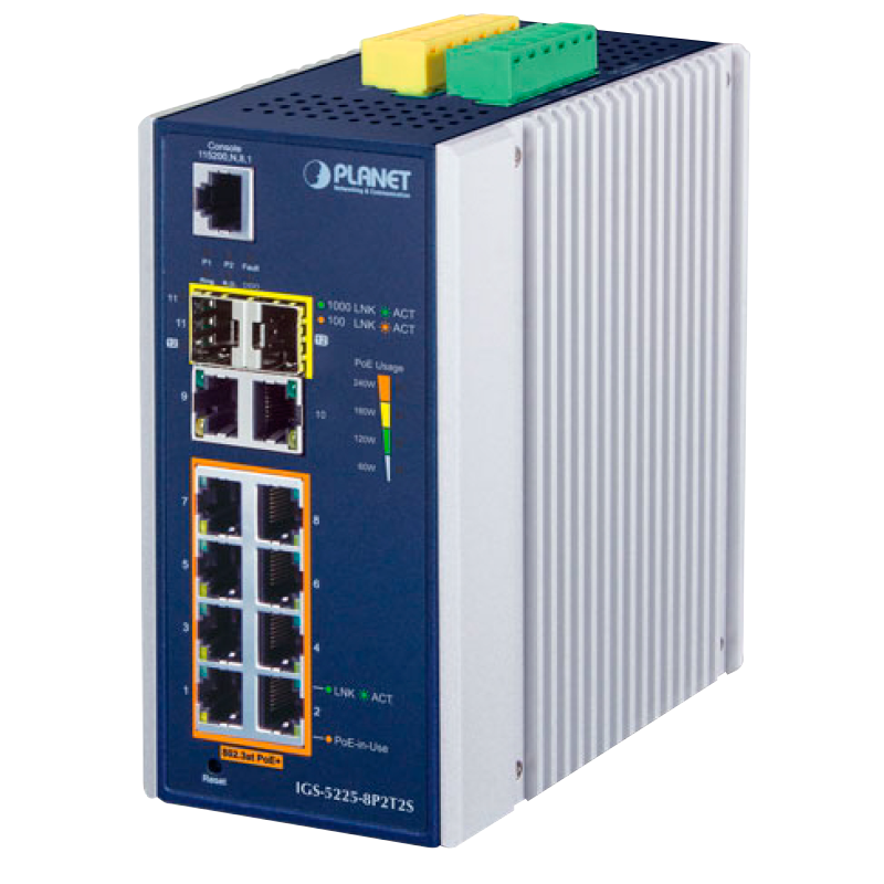 Switch Ethernet Industrial Gestionable PLANET™ de 8 Puertos 802.3at PoE+ + 2 Puertos 10/100/1000T (+2 SFP) - Capa 2+ - Carril DIN (240W)//PLANET™ Industrial 8-Port 10/100/1000T 802.3at PoE + 2-Port 10/100/1000T+ 2-Port 100/1000X SFP Managed Ethernet Switch (Din Rail) - L2+ (240W)